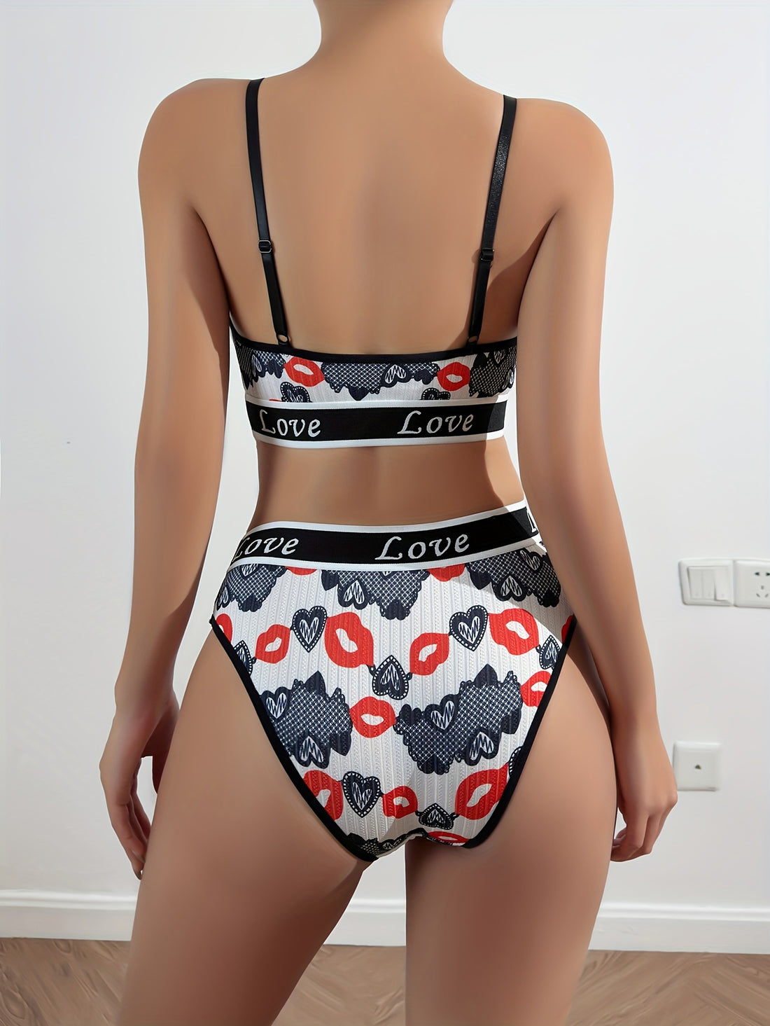 Heart Print Bra & Panty, Breathable Bra & Panties Lingerie Set,/MH