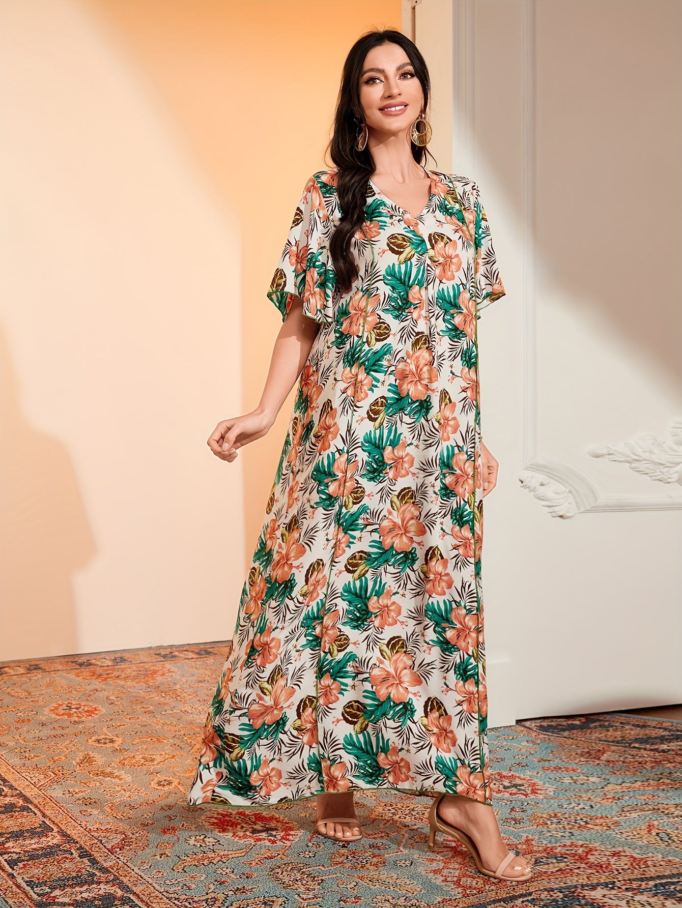 Ramadan Floral Print V Neck Kaftan, Elegant Ruffle Sleeve Dress,/MH