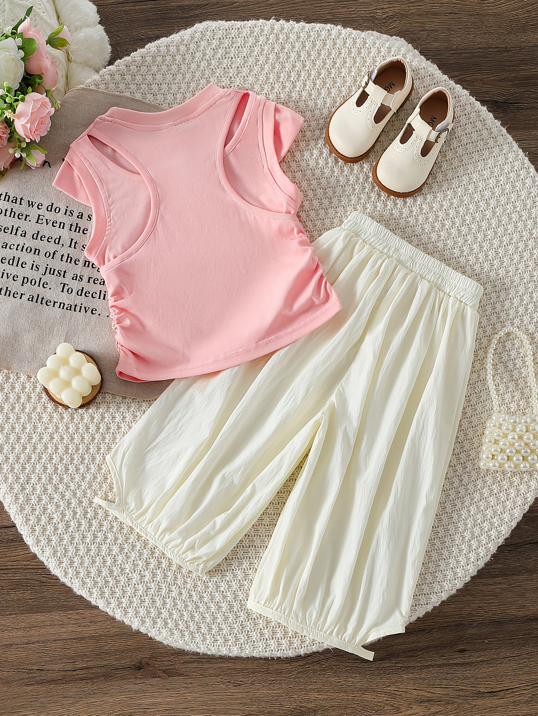 Children's set Korean version summer girls' T-shirt short, wide leg pants versatile, solid color baby mosquito repellent pants stylish for outdoor wear, Perfect for Outdoor