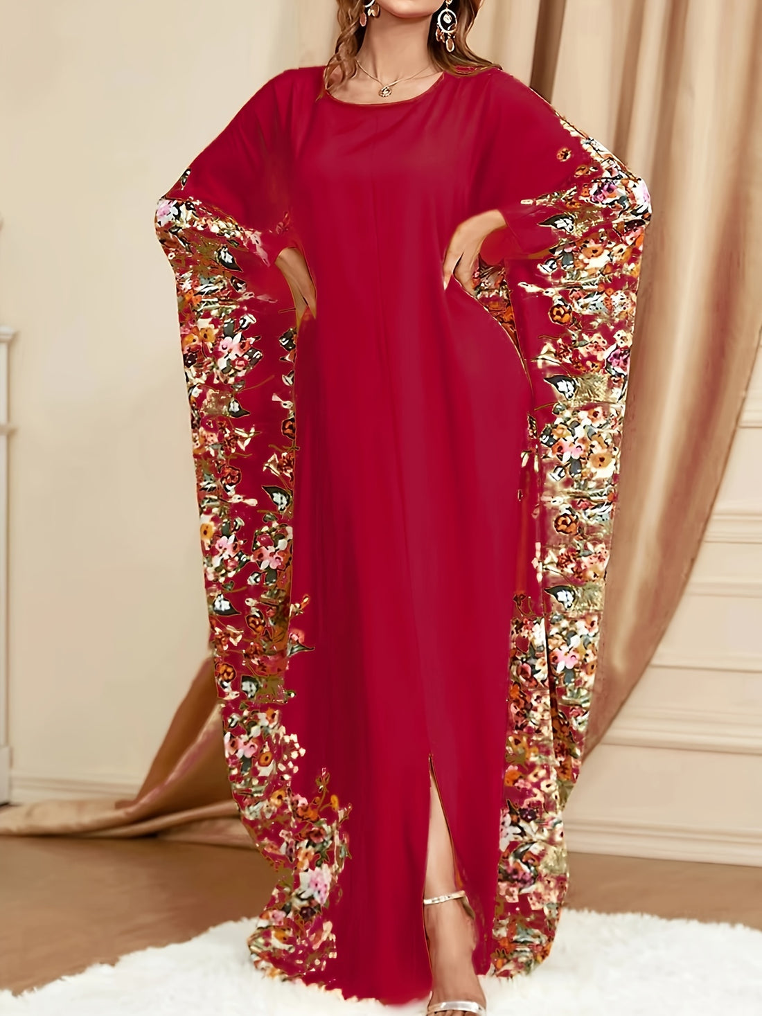 Floral Print Crew Neck Kaftan, Elegant Batwing Sleeve'/MH