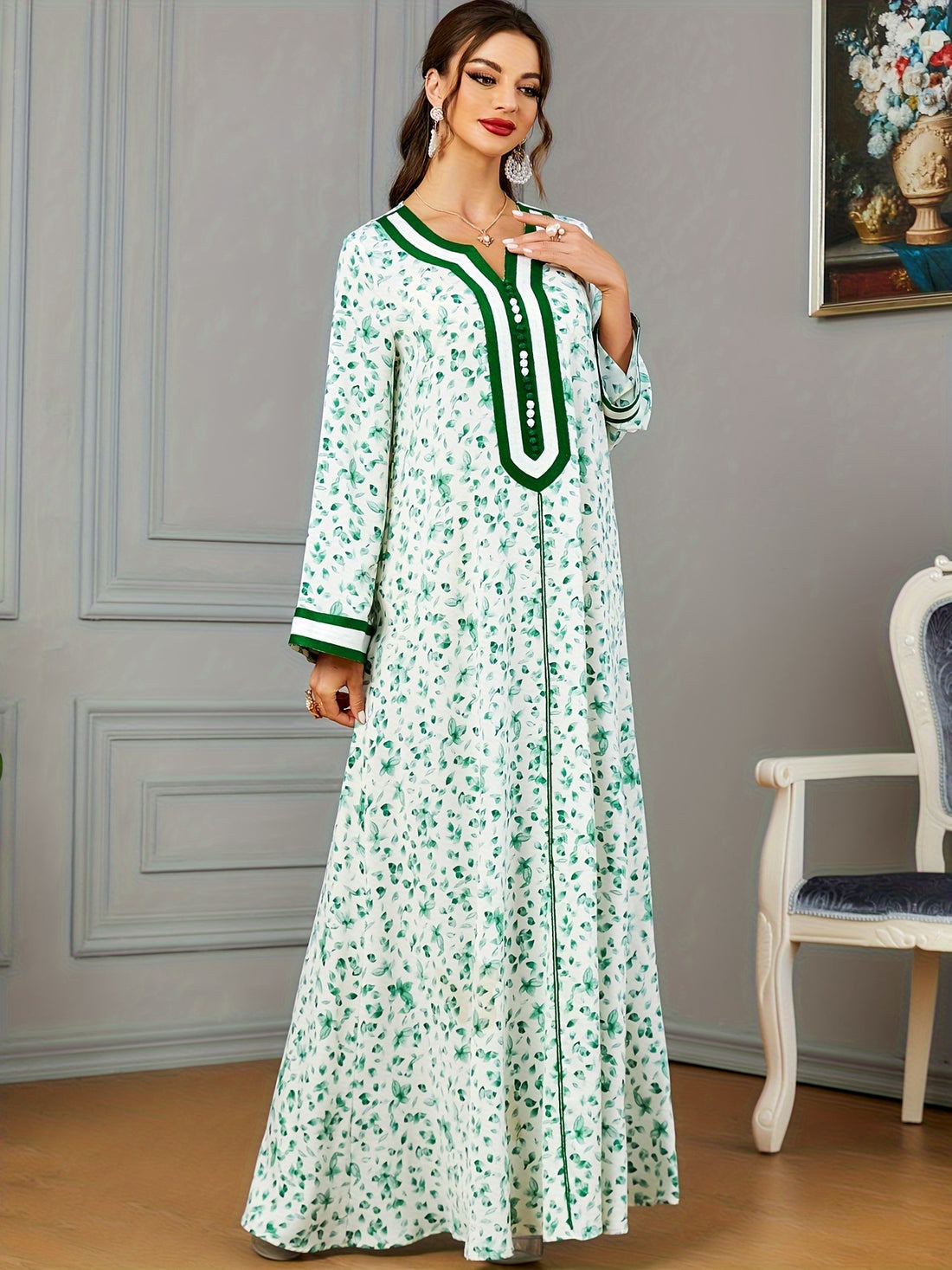 Floral Print Notch Neck Kaftan, Elegant Long Sleeve Maxi women fashion ;/MH
