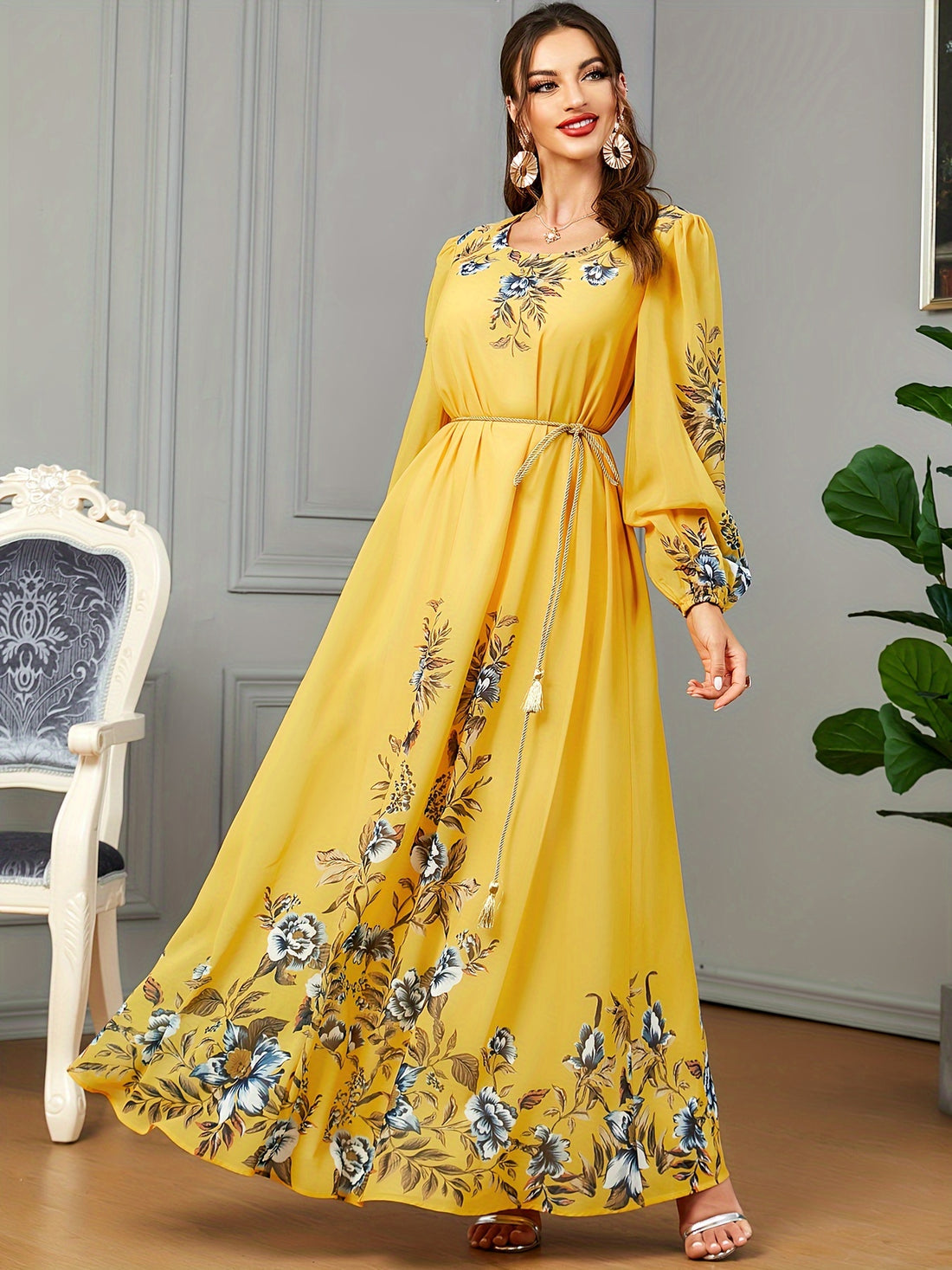 Floral Print Long Sleeve Kaftan Dress, women fashion'/MH