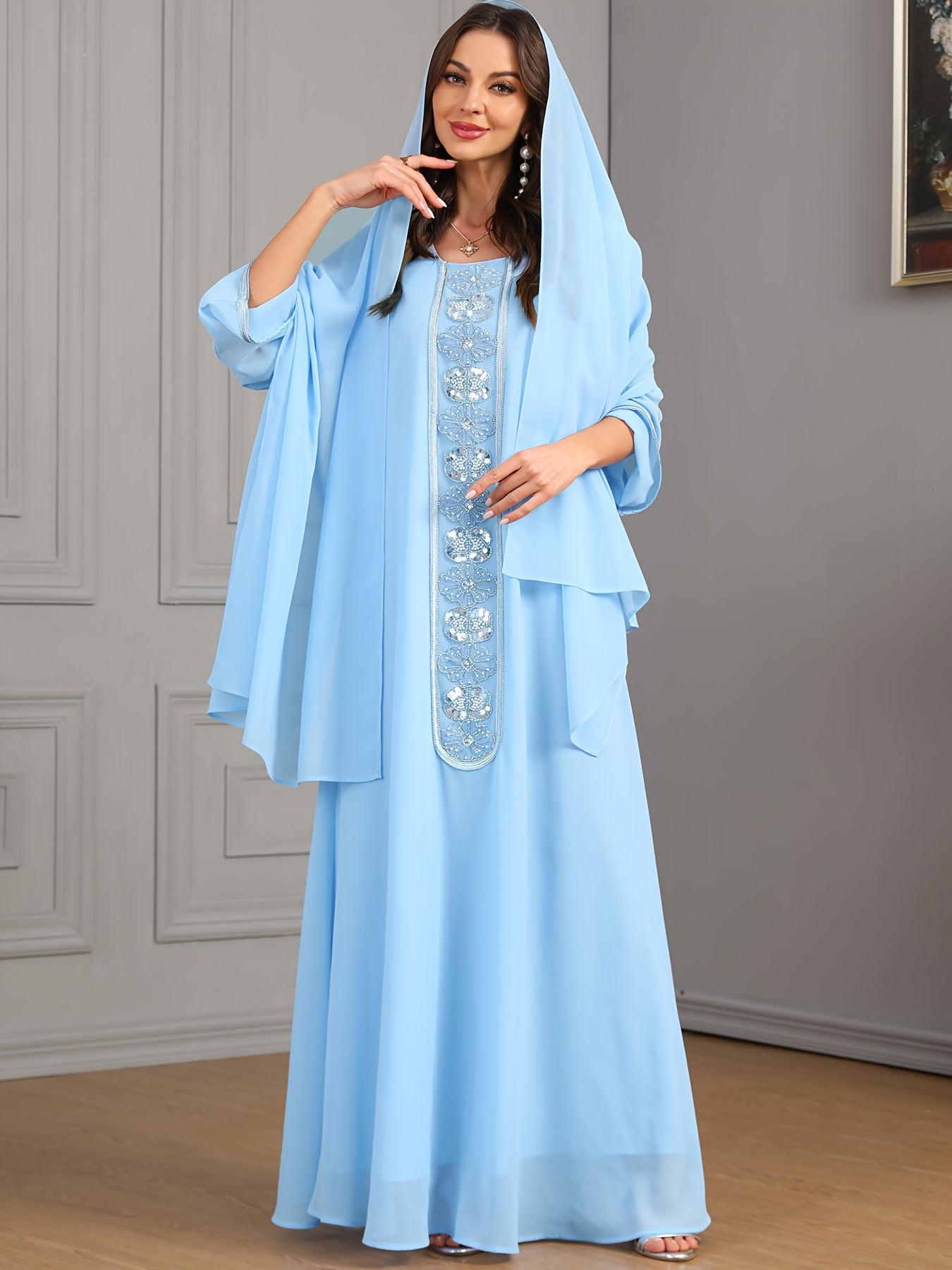 Embroidered Crew Neck Kaftan Dress, Elegant Long Sleeve women fashion '/MH