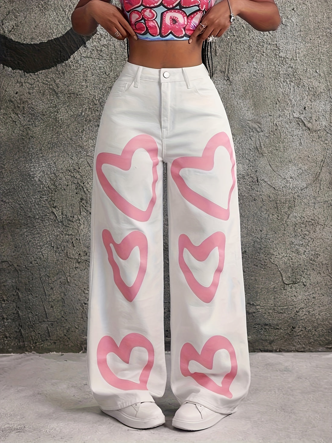 One Pair of Stylish Heart-Printed Women's Straight-Leg Pants
