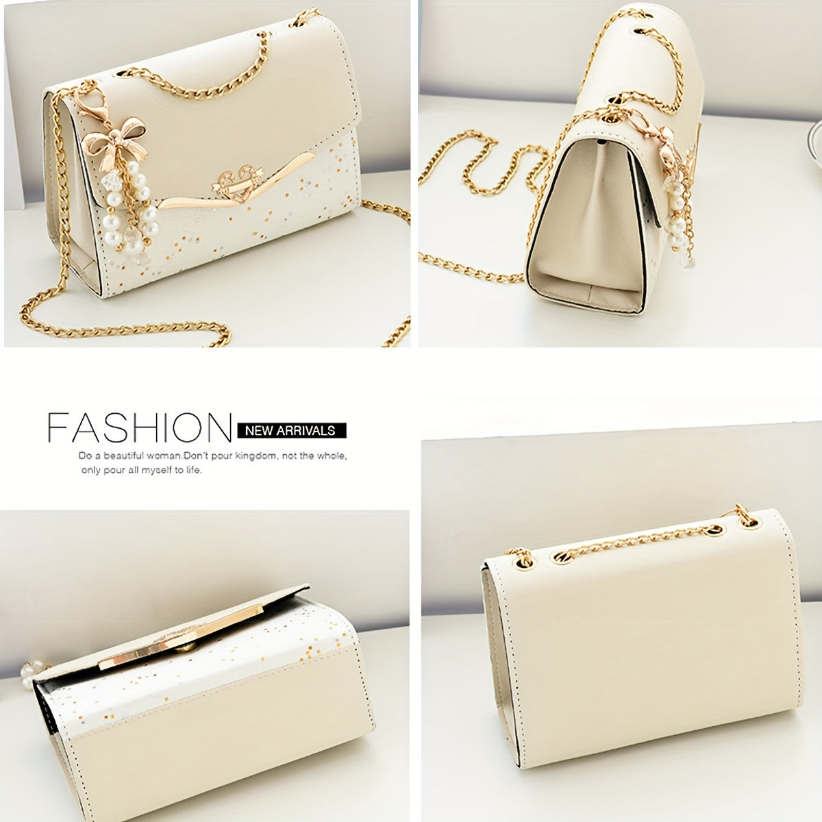 Fashion Polka Dot Beige PU Shoulder Bag with Tassel Charm, Urban Themed Flap-Over Crossbody with Buckle Closure and Metal Chain Strap, Lightweight Portable Handbag for Women, Ideal for Shopping, Office, University, Travel, Ca