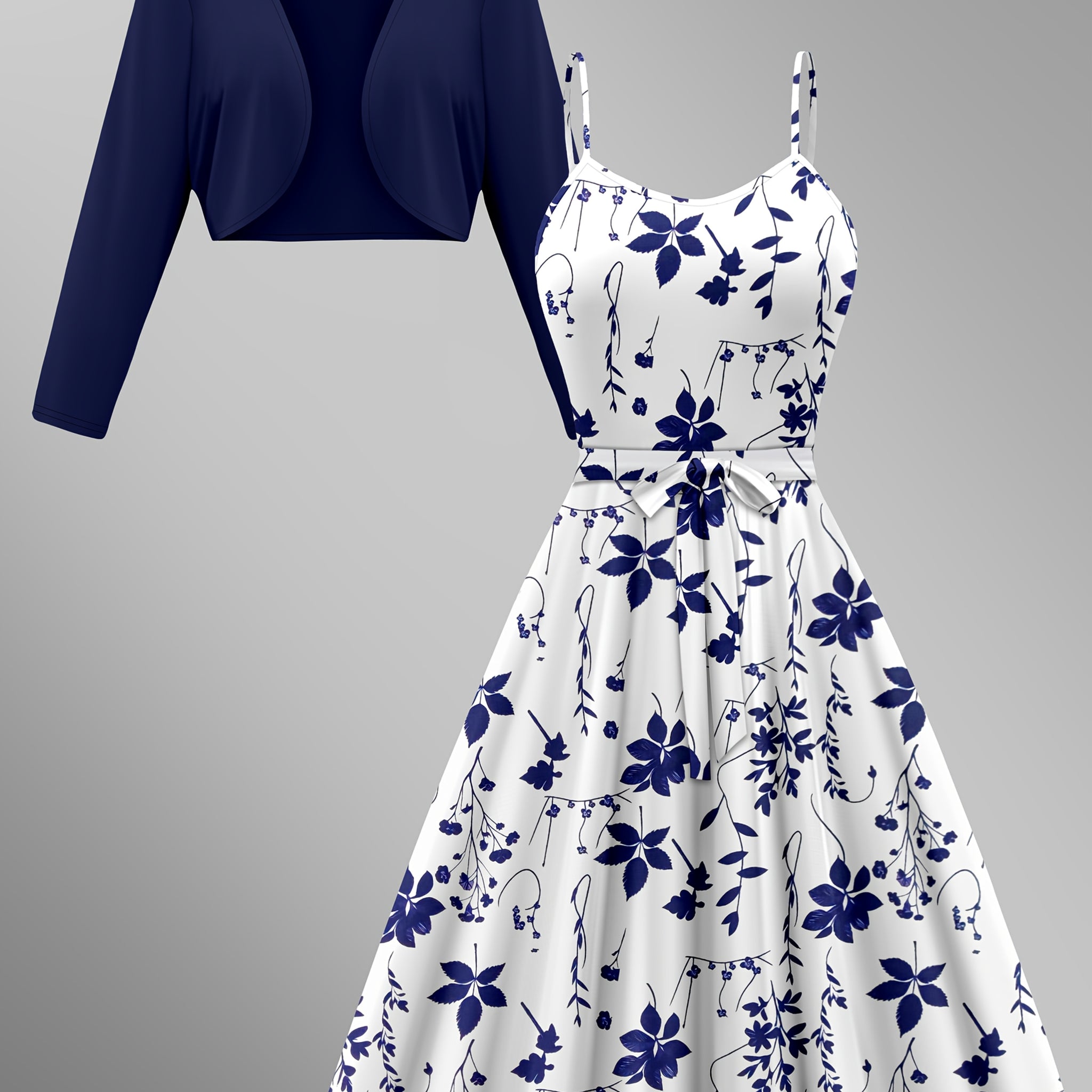 Women's elegant skirt suit, solid color long-sleeved cardigan with floral print suspender dress 2pcs set