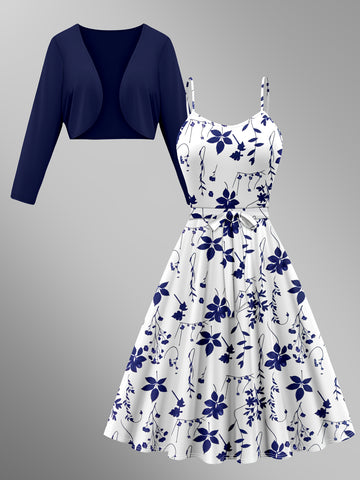 Women's elegant skirt suit, solid color long-sleeved cardigan with floral print suspender dress 2pcs set