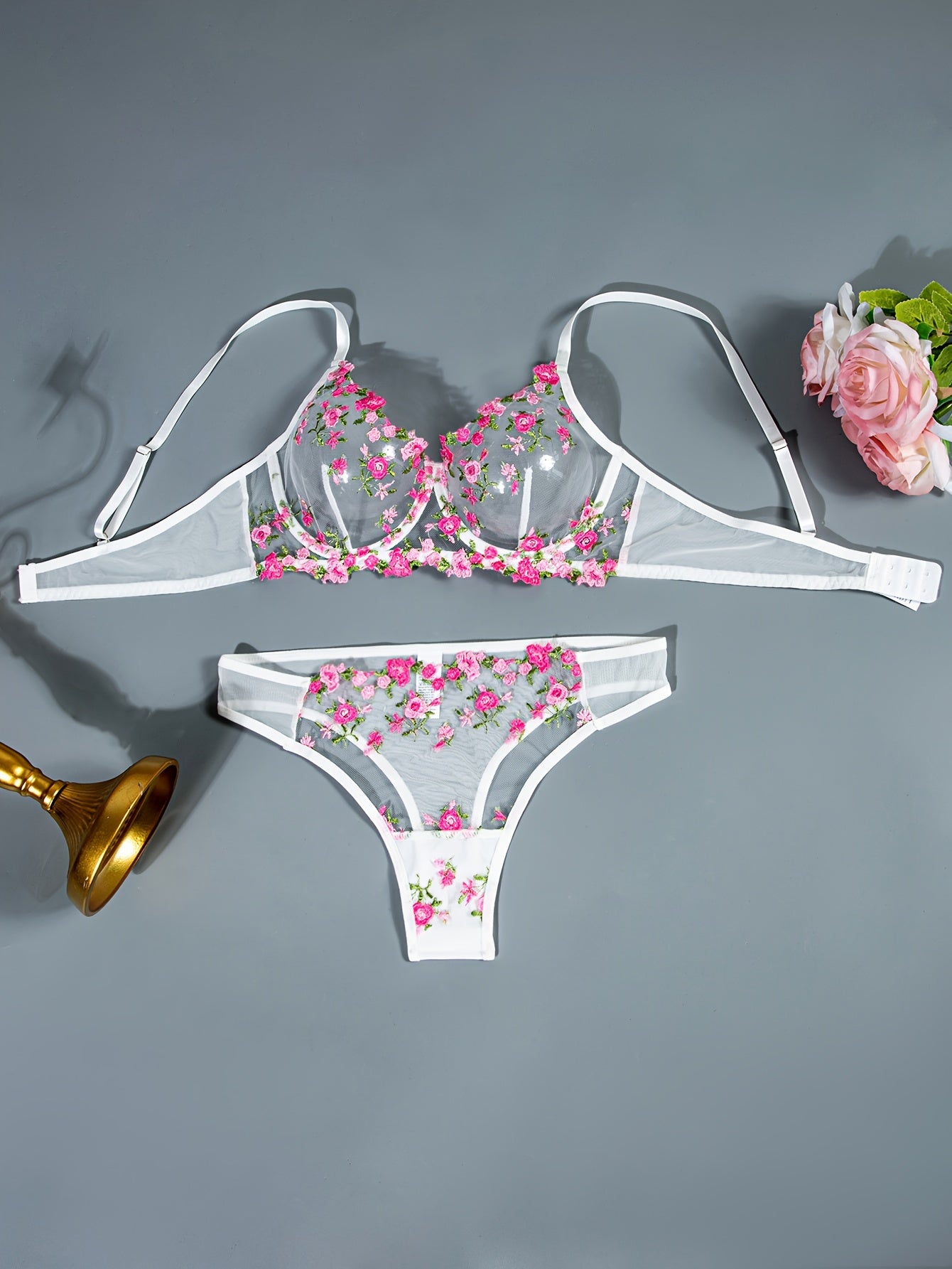 1 Set Floral Embroidery Lingerie Set, Mesh Semi Sheer Bra & Panties,/MH