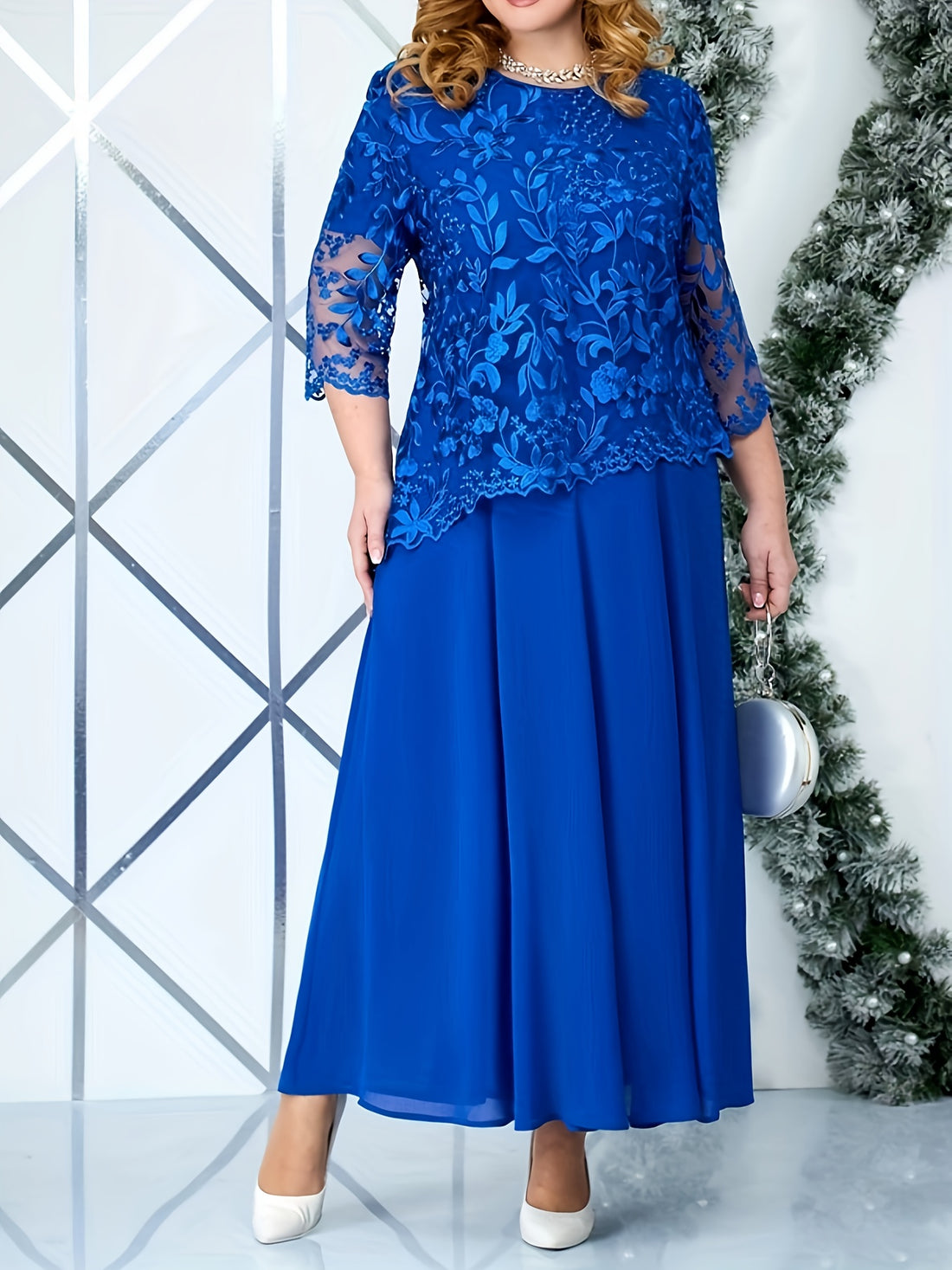 Plus Size Elegant Embroidered Lace Midi Dress for Women - ./MH