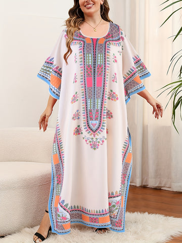 [Tribal Print, Plus Size Abaya] Elegant Plus Size Kaftan Abaya Dress - Polyester Blend, V-Neck Tribal Print, Loose-Fit Middle-Eastern Style - Non-Stretch Fabric, All-Season, Long Length with Split Detail for Weekend Casual