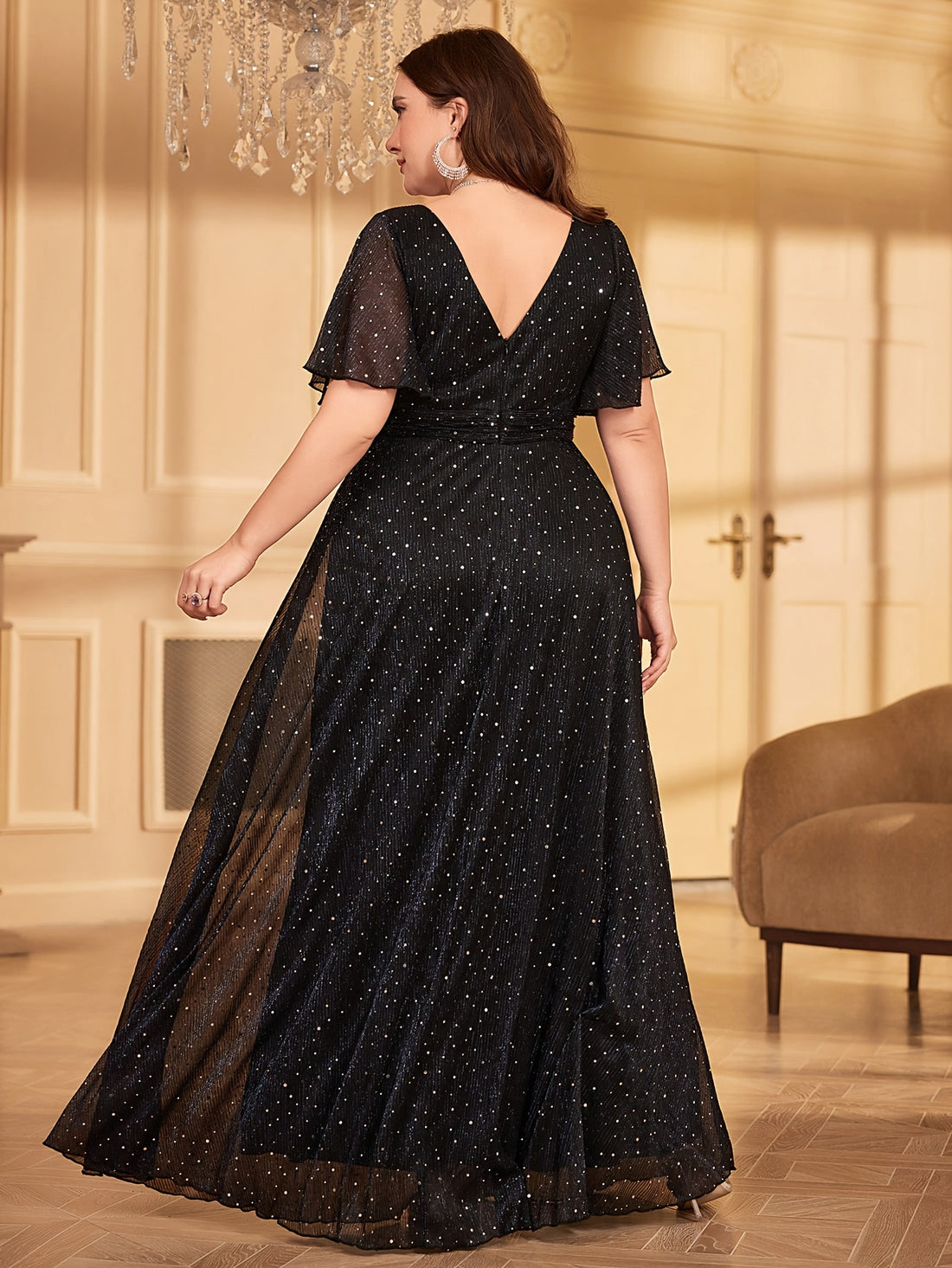 Elegant Long Party Evening Dress with a V-Neck, Ruffled Sleeves, Waist Pleats, And a Sparkling Flared Skirt.