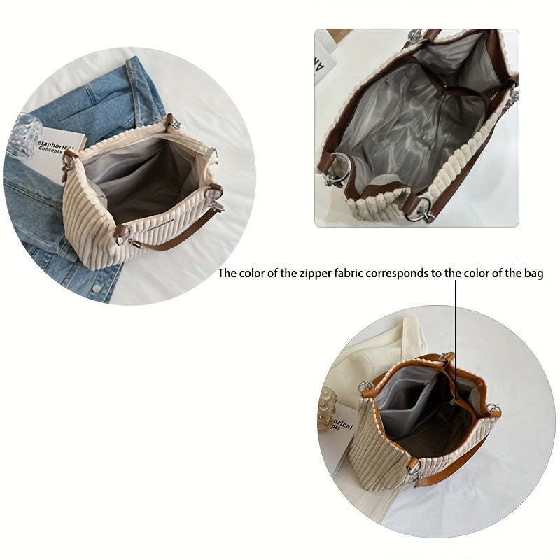 Corduroy Tote Bag For Women, Fashion Chain Shoulder Bag, Large Capacity Plush Handbag