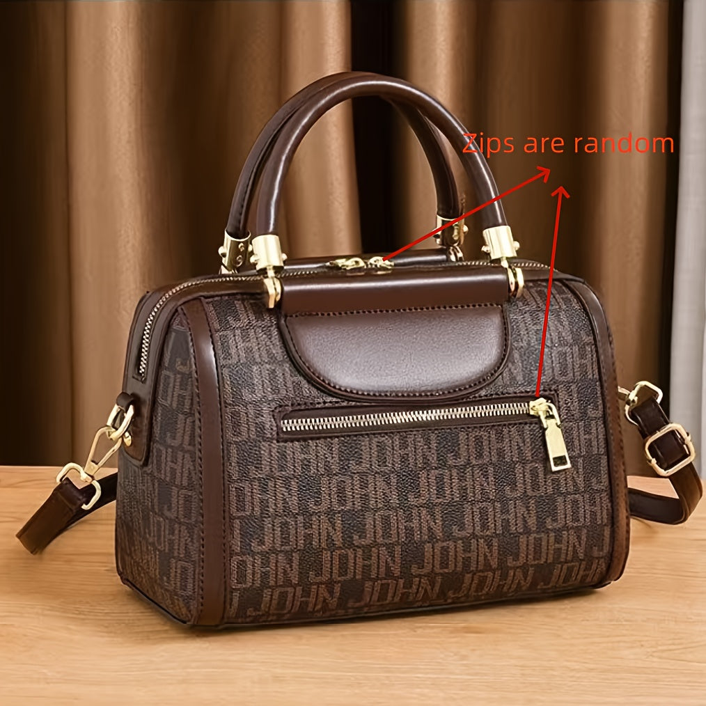 [Designer Boston Handbag] Large Capacity Designer-Inspired Boston Handbag for Women - Polyester Lined Shoulder Bag with Zipper Closure, Painted Edges, Fashionable Versatile Crossbody Purse
