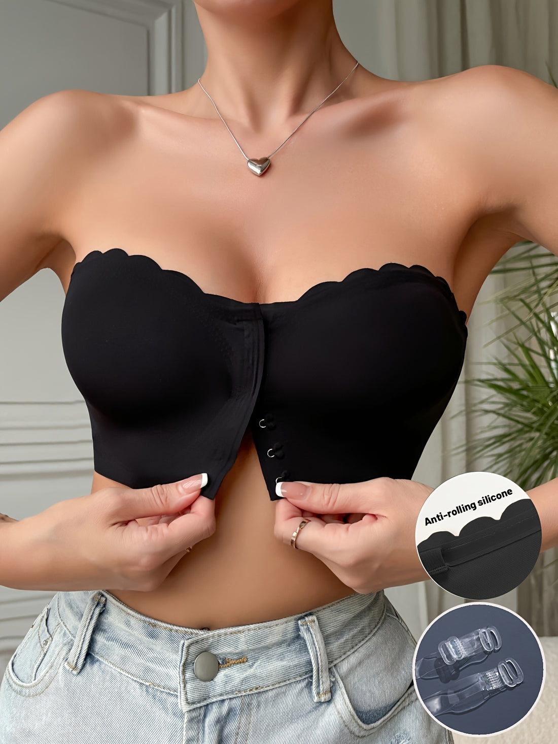Solid Seamless Strapless Front Closure Wireless Strapless Bra, Sexy Comfy Push Up Bra, Women's Lingerie & Underwear