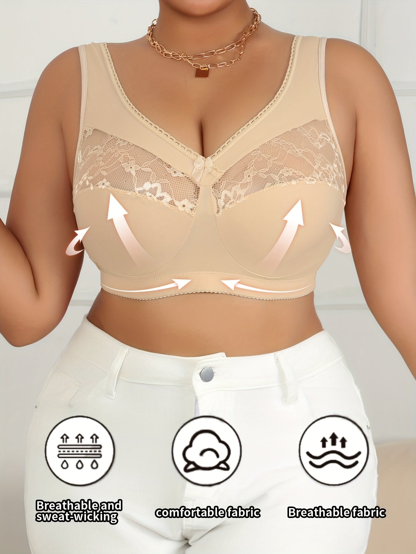 Plus Size Contrast Lace Trim Bra - Breathable Comfortable Stretch Fabric,/MH