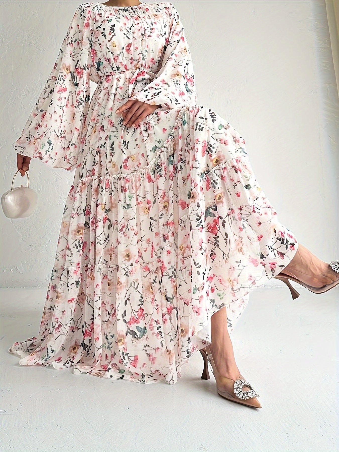 Women's Floral Maxi Kaftan Dress - Elegant Long '/MH