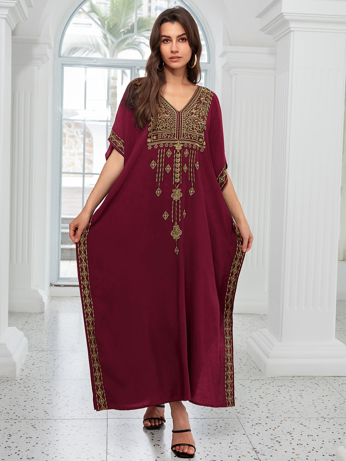 EDOLYNSA Sexy Red Geometric Embroidered Kaftan | V-Neck women fashion'/MH