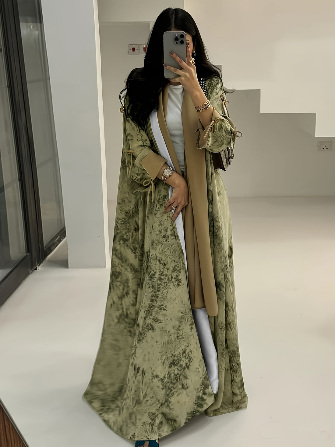 Women'S Elegant Blue Floral Print Chiffon Abaya with Golden Accents - / MH