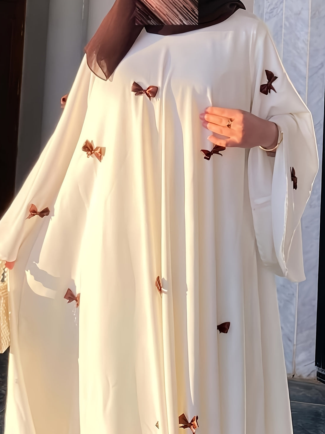 Elegant White Abaya with Blue Bow Accents - ./MH