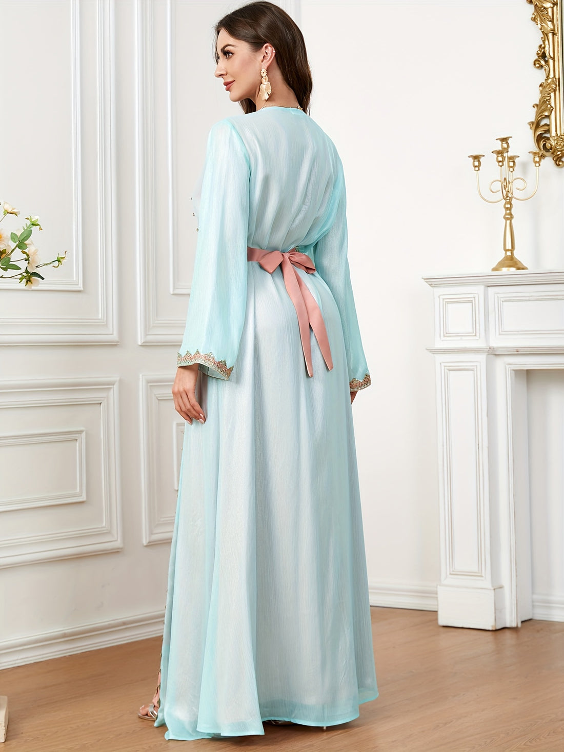 Contrast Lace Long Sleeve Kaftan Dress, Elegant V Neck '/MH