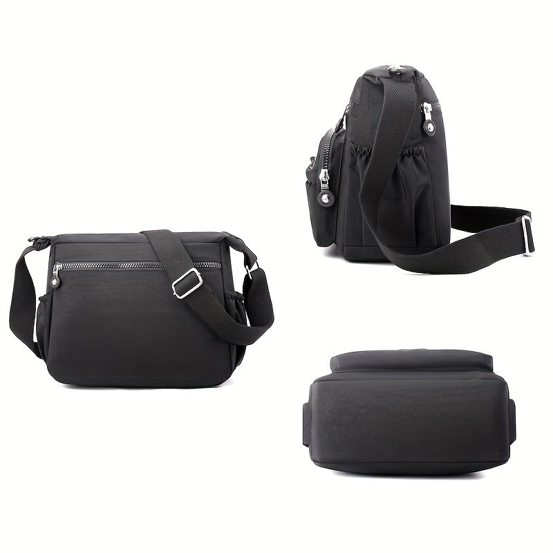 Chic Black Nylon Crossbody Bag for Women - Lightweight, Adjustable Strap, Multi-Pocket Design for Travel, Shopping, Dates & School