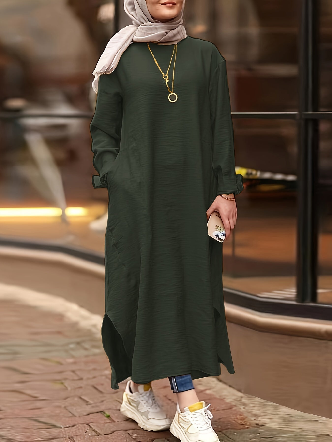 Solid Split Kaftan Dress, Modest Long Sleeve Maxi Dress '/MH