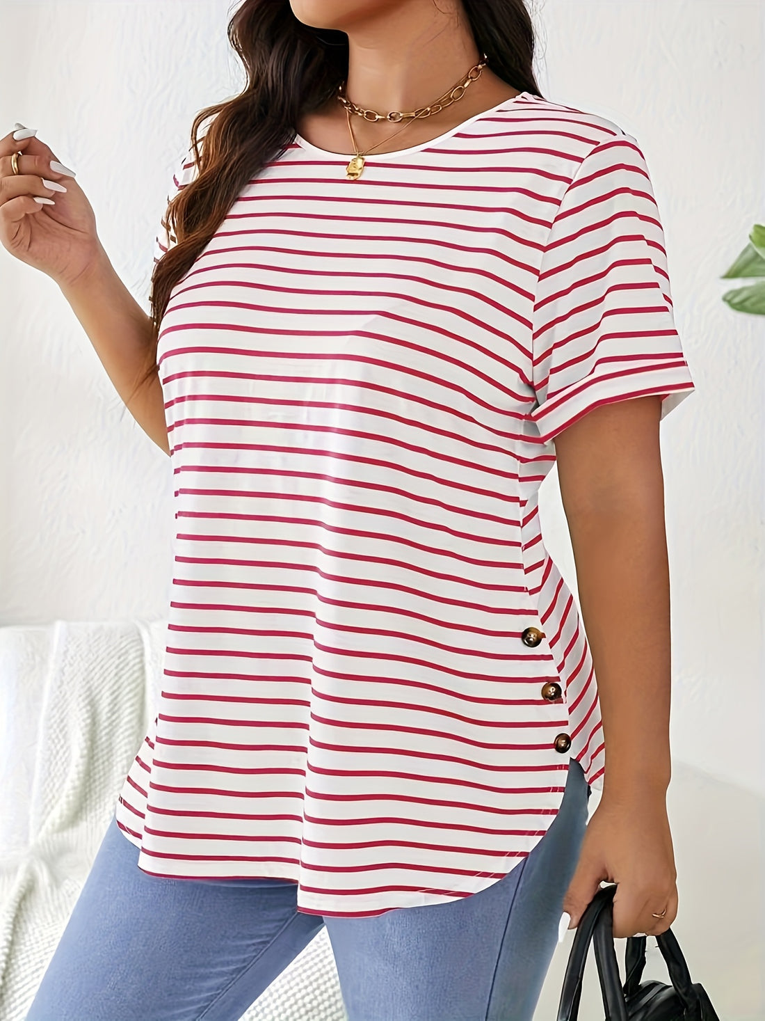 [Elegant T-Shirt] Elegant Striped Women's Plus Size T-Shirt | Short Sleeve, Crew Neck, Medium Stretch, Spring/Summer Fashion Top with Button Details