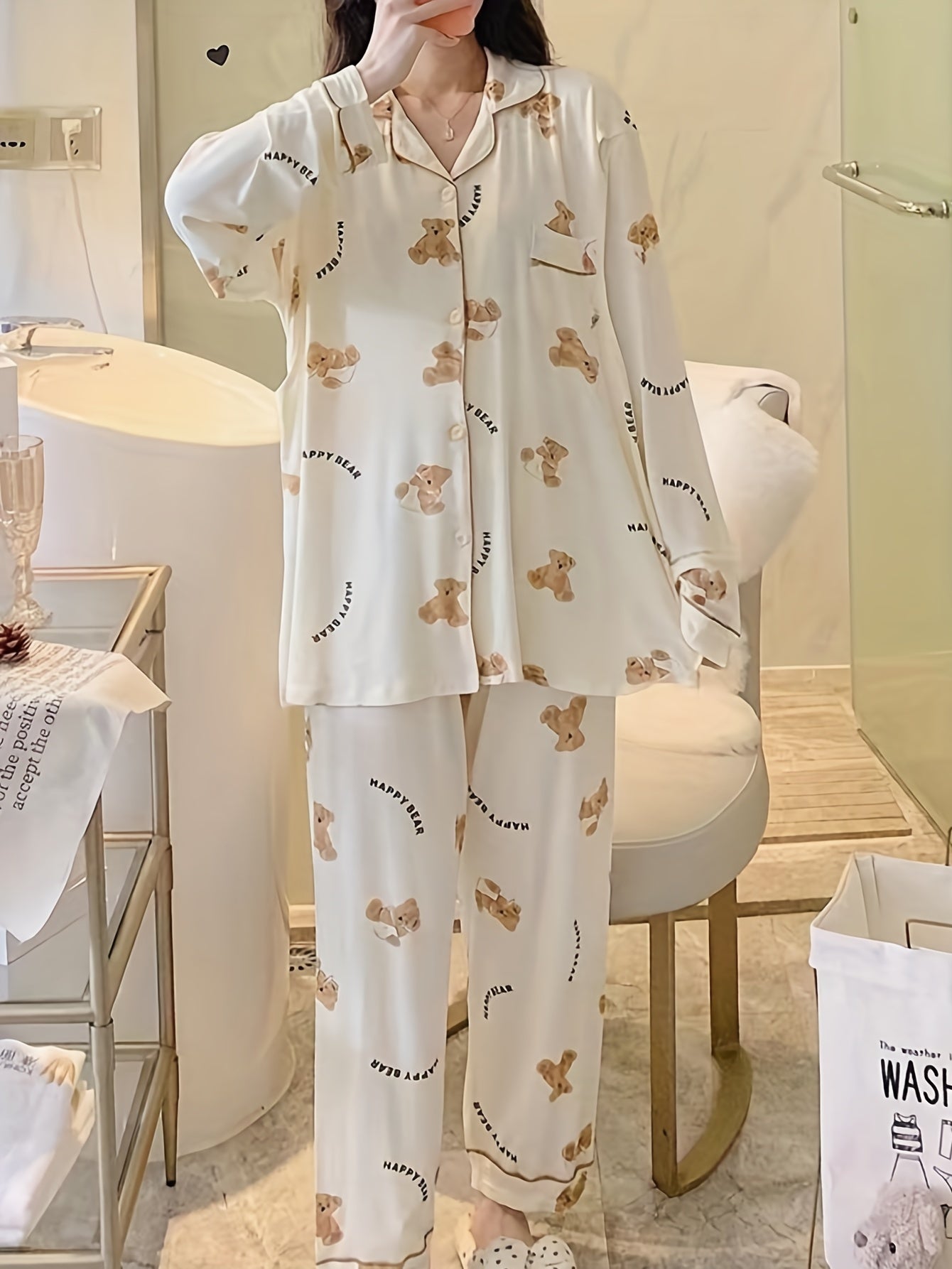 Cartoon Bear Print Pajama Set, /MH