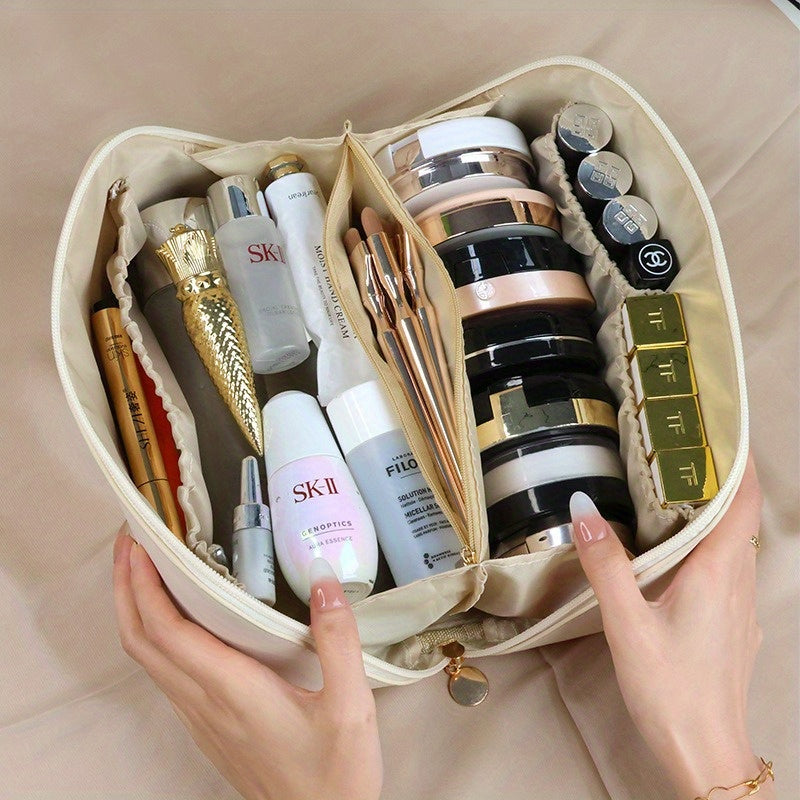 Travel Large Capacity Cosmetic Bag For Women, Portable Makeup Bag Pouch Open Flat Toiletry Bag, Make Up Organizer With Divider And Handle