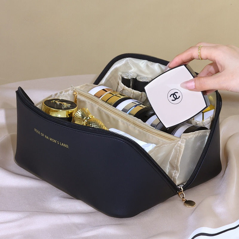 Travel Large Capacity Cosmetic Bag For Women, Portable Makeup Bag Pouch Open Flat Toiletry Bag, Make Up Organizer With Divider And Handle