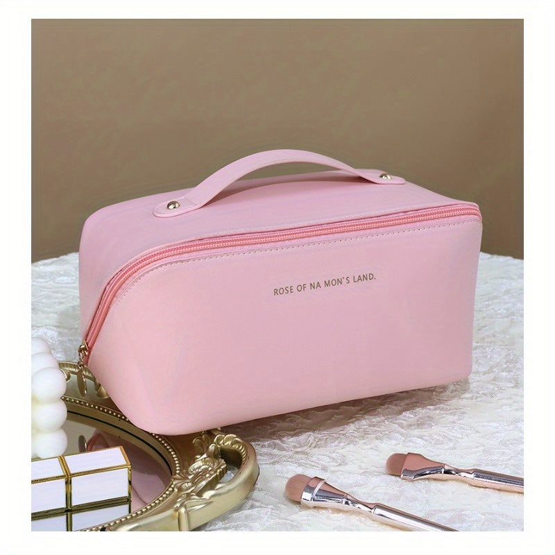 Travel Large Capacity Cosmetic Bag For Women, Portable Makeup Bag Pouch Open Flat Toiletry Bag, Make Up Organizer With Divider And Handle
