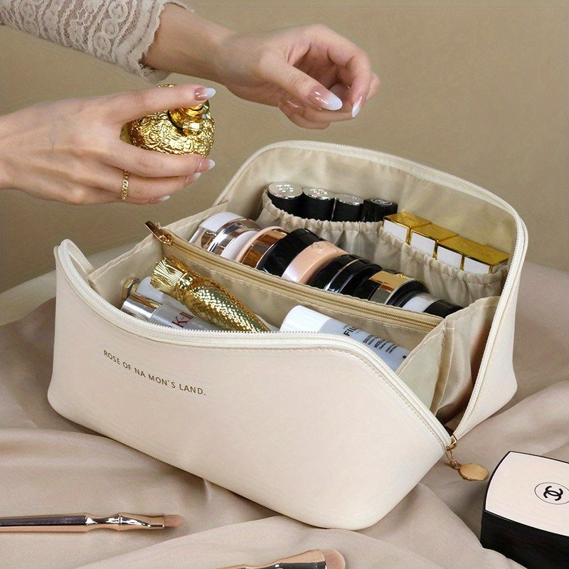Travel Large Capacity Cosmetic Bag For Women, Portable Makeup Bag Pouch Open Flat Toiletry Bag, Make Up Organizer With Divider And Handle