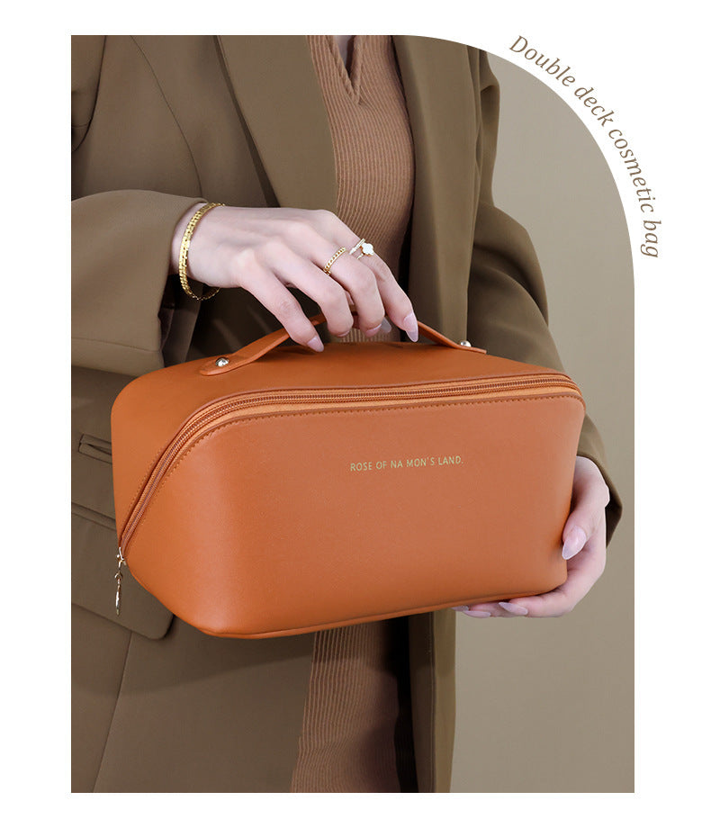 Travel Large Capacity Cosmetic Bag For Women, Portable Makeup Bag Pouch Open Flat Toiletry Bag, Make Up Organizer With Divider And Handle