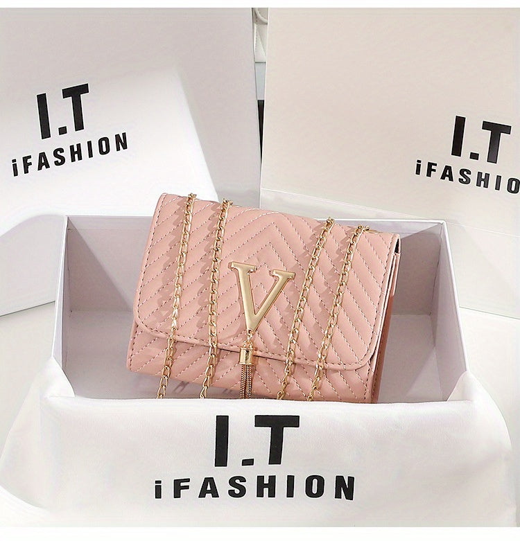 Classic Tassel Decor Mini Shoulder Bag, Quilted Detail Flap Chain Bag For Women, All-Match Textured Handbag