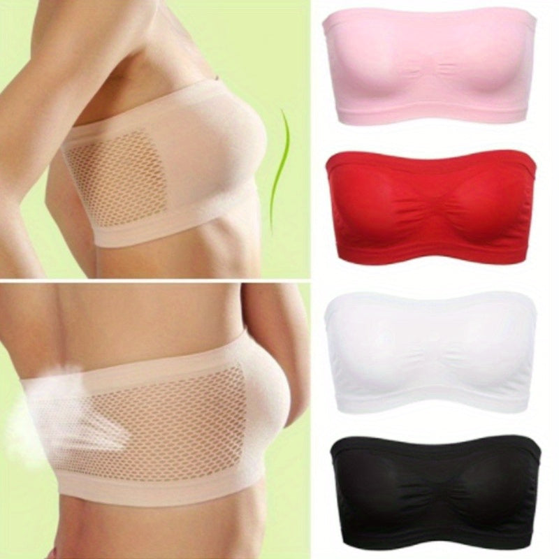 [Soft Stretch Bra] Semi-Sheer Polyester Comfortable & Soft Stretch Strapless Bandeau Bra - Women's Lingerie & Underwear | Machine Washable, Everyday Comfort Bra
