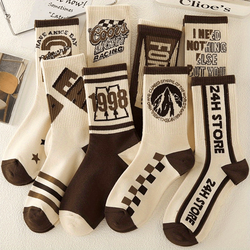 1/5/8 Pairs Women's Versatile Retro Letter Pattern Medium Tube Sport Socks, Fashion Comfortable Outdoor Basketball Socks