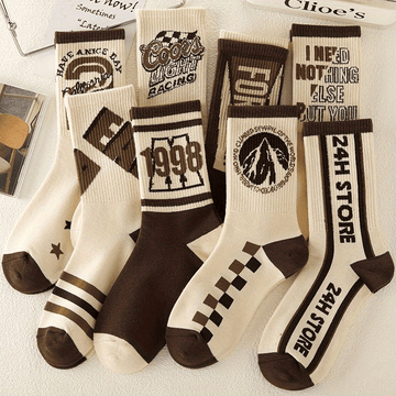 1/5/8 Pairs Women's Versatile Retro Letter Pattern Medium Tube Sport Socks, Fashion Comfortable Outdoor Basketball Socks