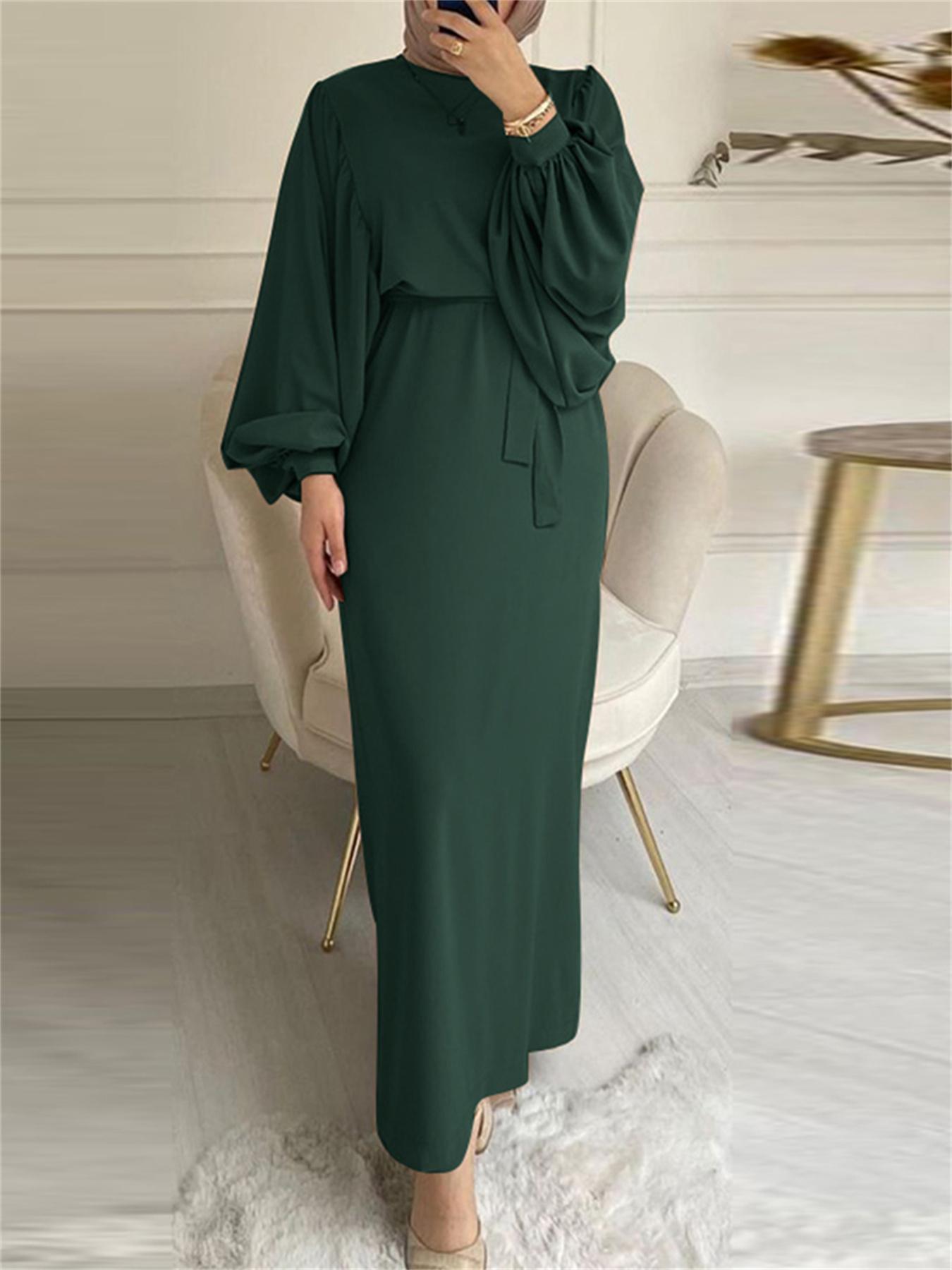 Lantern Sleeve Tie Waist Abaya, Elegant Crew Neck Dress, Women's Clothing./MH