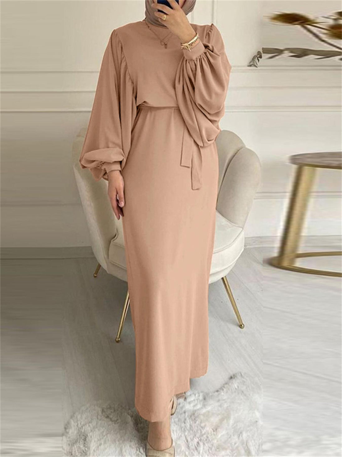 Lantern Sleeve Tie Waist Abaya, Elegant Crew Neck Dress, Women's Clothing./MH