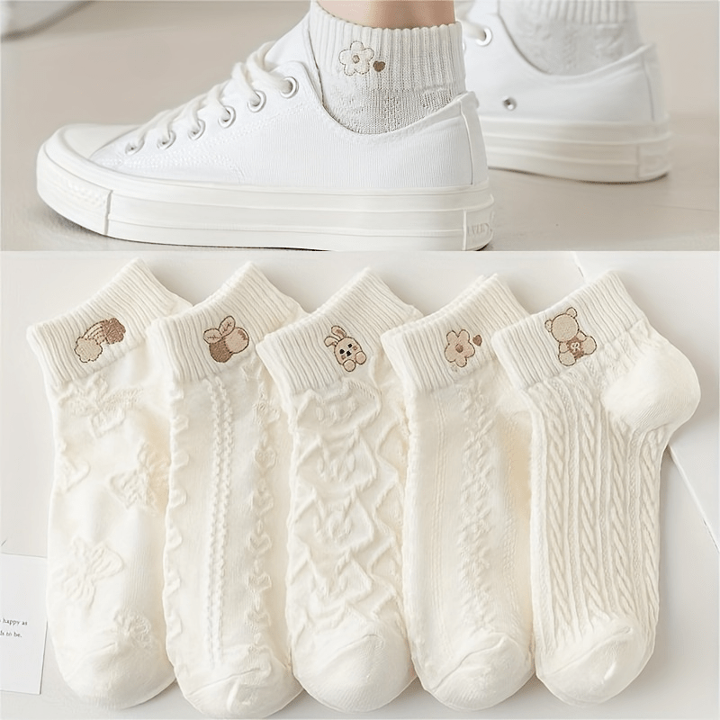 5 Pairs of Whimsical Cartoon Patterned Ankle Socks for Women - Breathable Woven Embossed Short Socks with Cute Designs - Stockings and Socks for Everyday Wear