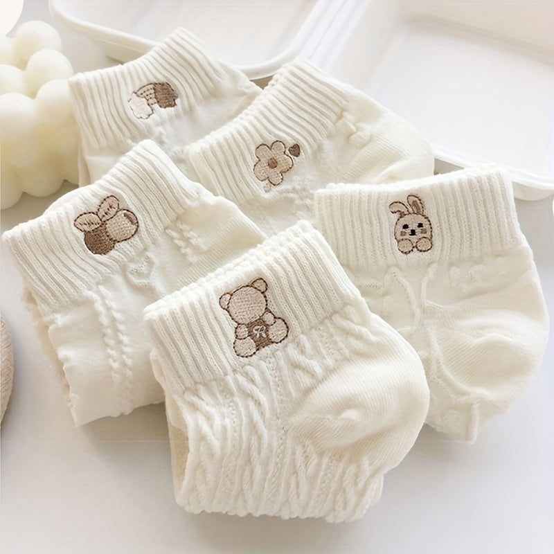 5 Pairs of Whimsical Cartoon Patterned Ankle Socks for Women - Breathable Woven Embossed Short Socks with Cute Designs - Stockings and Socks for Everyday Wear