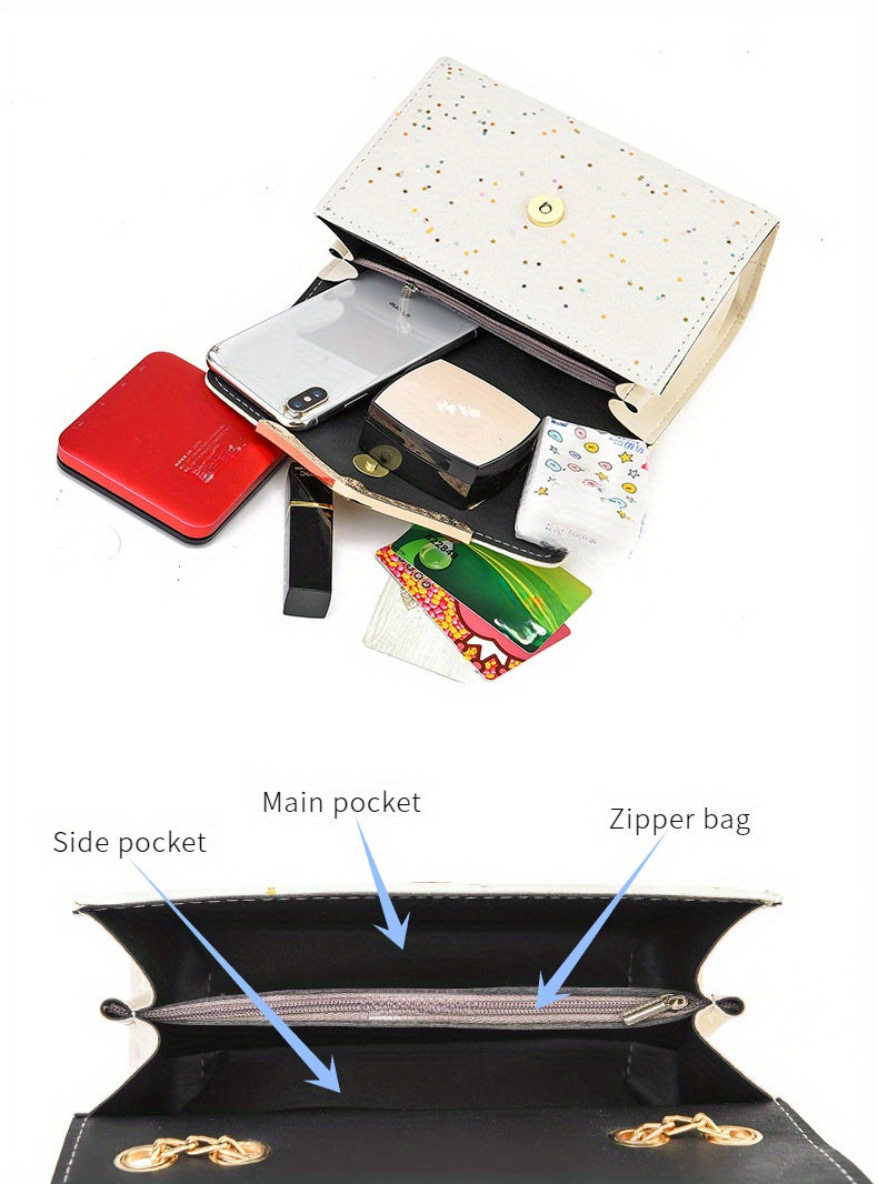 Elegant Korean Style Messenger Bag for Women, Casual Solid Color with Sequin Embellishment, Adjustable Strap, Magnetic Closure, Polyester Lined, Lightweight Shoulder Bag for Mobile Phone and Coin Purse