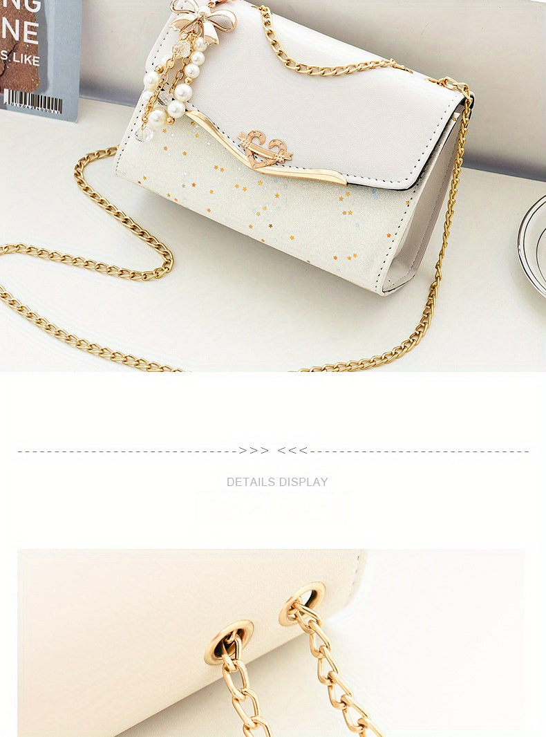 Elegant Korean Style Messenger Bag for Women, Casual Solid Color with Sequin Embellishment, Adjustable Strap, Magnetic Closure, Polyester Lined, Lightweight Shoulder Bag for Mobile Phone and Coin Purse