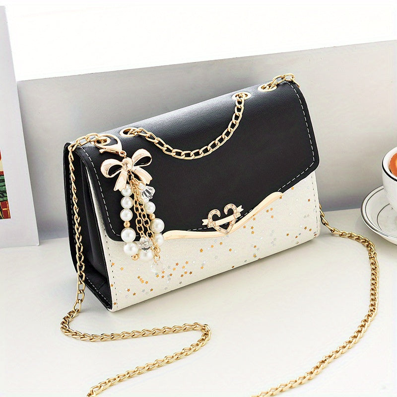 Elegant Korean Style Messenger Bag for Women, Casual Solid Color with Sequin Embellishment, Adjustable Strap, Magnetic Closure, Polyester Lined, Lightweight Shoulder Bag for Mobile Phone and Coin Purse