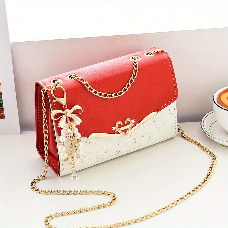 Elegant Korean Style Messenger Bag for Women, Casual Solid Color with Sequin Embellishment, Adjustable Strap, Magnetic Closure, Polyester Lined, Lightweight Shoulder Bag for Mobile Phone and Coin Purse