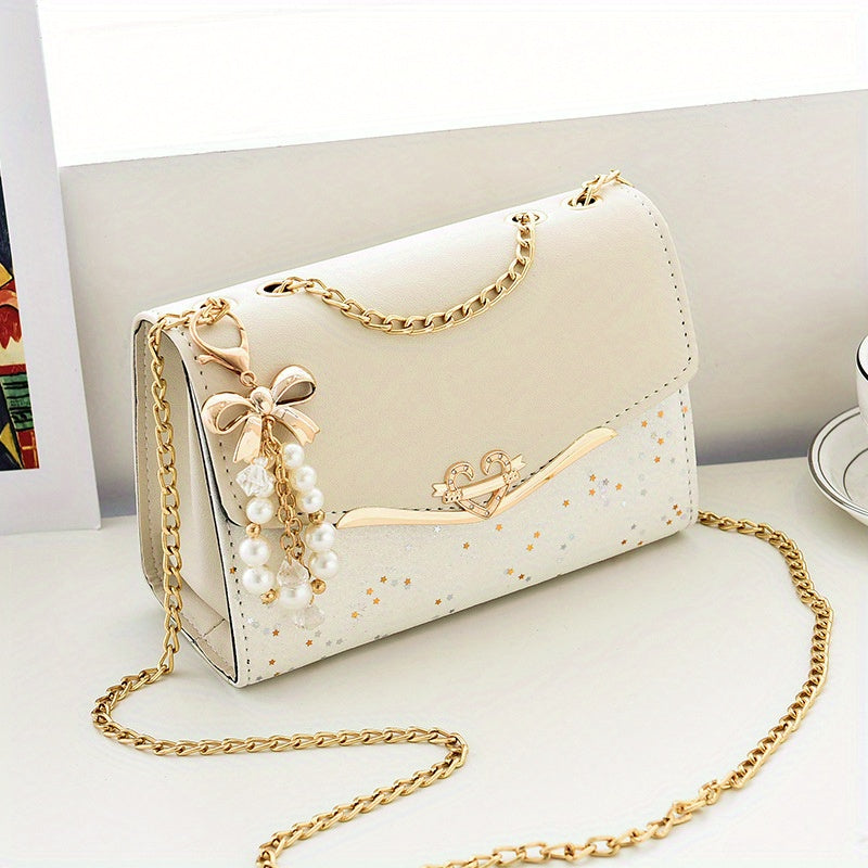 Elegant Korean Style Messenger Bag for Women, Casual Solid Color with Sequin Embellishment, Adjustable Strap, Magnetic Closure, Polyester Lined, Lightweight Shoulder Bag for Mobile Phone and Coin Purse