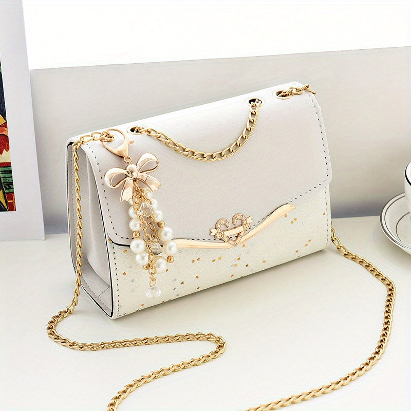 Elegant Korean Style Messenger Bag for Women, Casual Solid Color with Sequin Embellishment, Adjustable Strap, Magnetic Closure, Polyester Lined, Lightweight Shoulder Bag for Mobile Phone and Coin Purse