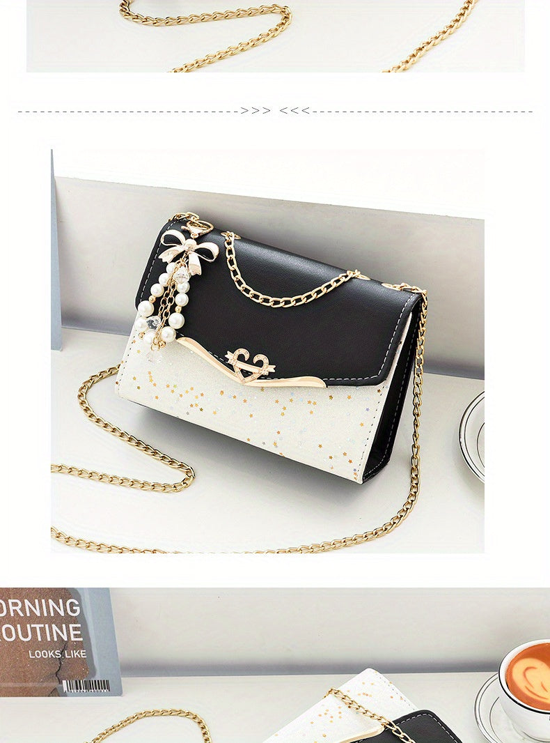 Elegant Korean Style Messenger Bag for Women, Casual Solid Color with Sequin Embellishment, Adjustable Strap, Magnetic Closure, Polyester Lined, Lightweight Shoulder Bag for Mobile Phone and Coin Purse