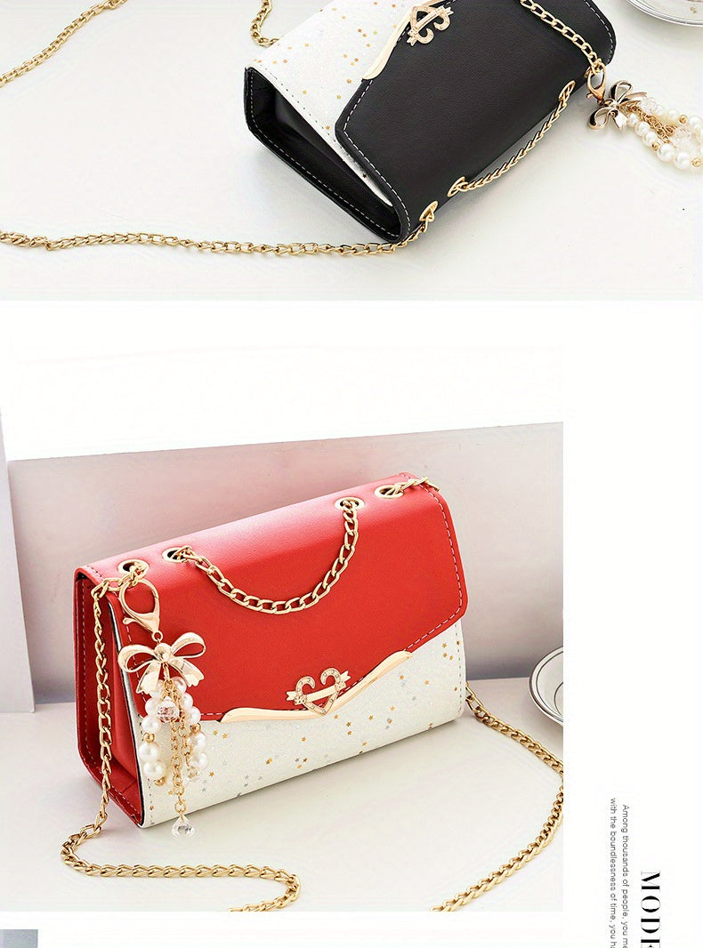 Elegant Korean Style Messenger Bag for Women, Casual Solid Color with Sequin Embellishment, Adjustable Strap, Magnetic Closure, Polyester Lined, Lightweight Shoulder Bag for Mobile Phone and Coin Purse