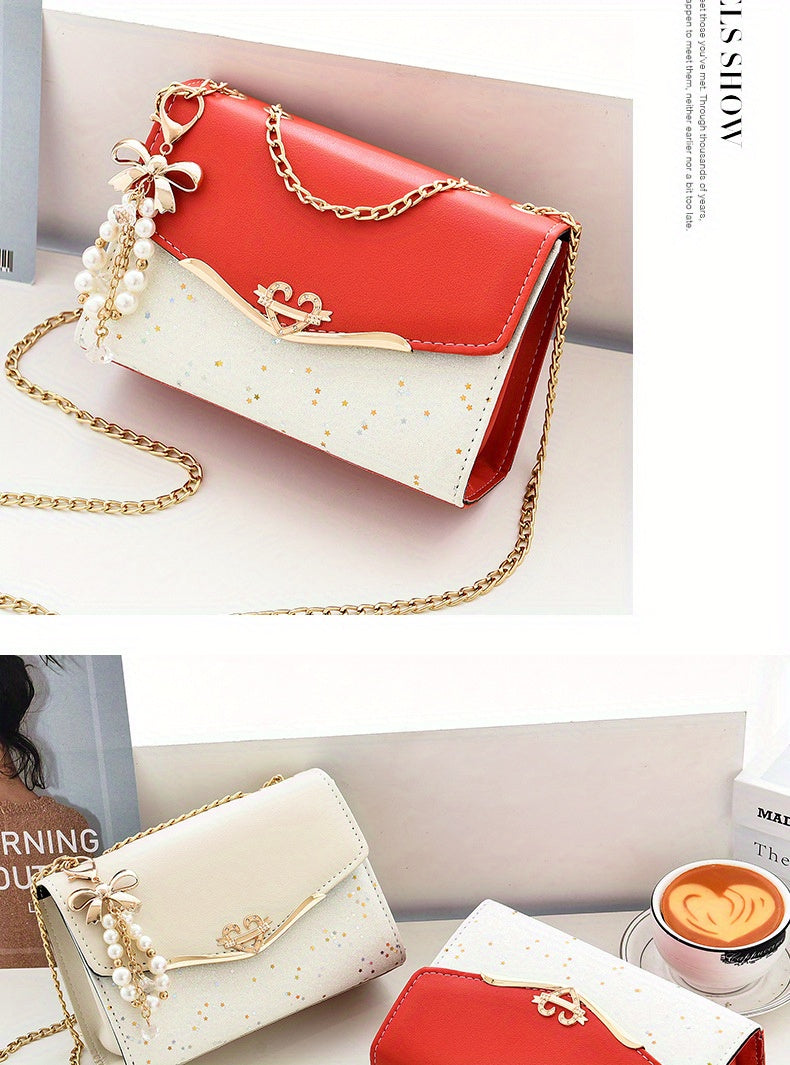 Elegant Korean Style Messenger Bag for Women, Casual Solid Color with Sequin Embellishment, Adjustable Strap, Magnetic Closure, Polyester Lined, Lightweight Shoulder Bag for Mobile Phone and Coin Purse